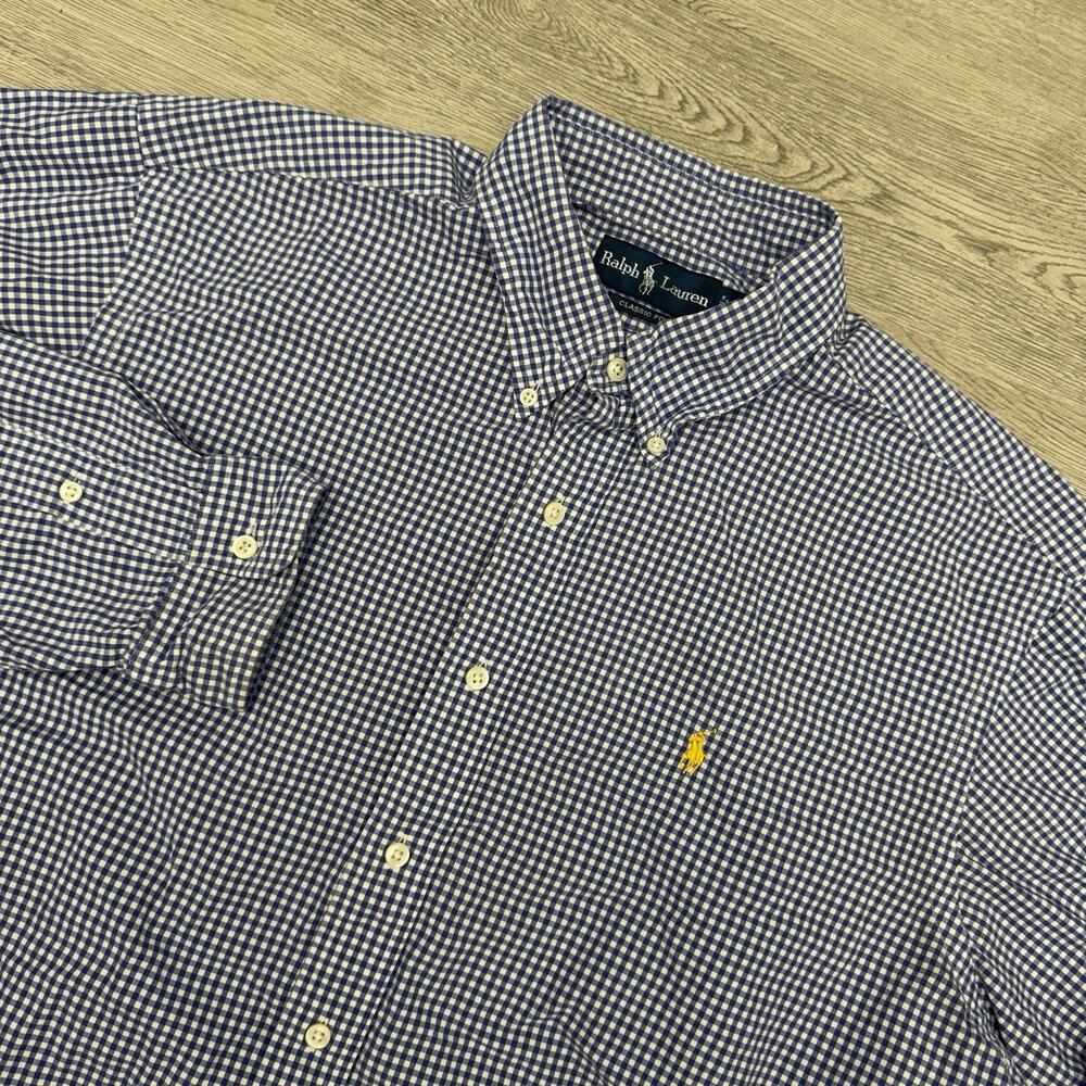 Polo Ralph Lauren Shirt Mens XL Blue/White Gingham Classic Fit Embroidered